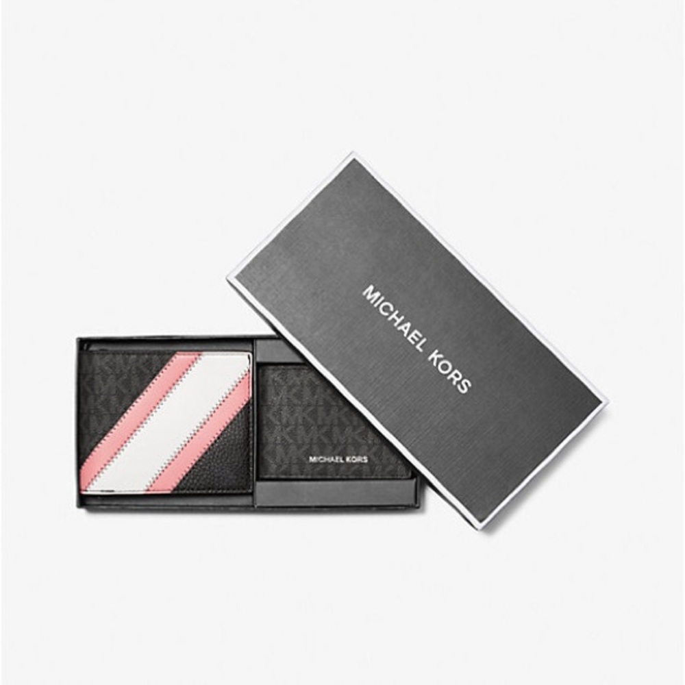 Michael Kors Logo and Faux Leather Stripe Wallet With Passcase Gift Set